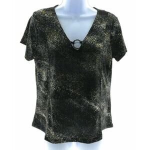 Adrienne Vittadini Black Gold V Neck Ring Detail Blouse Womens Large